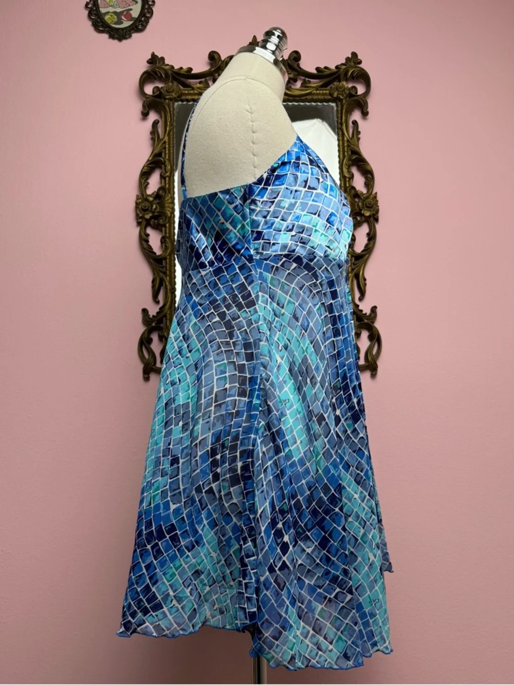Vintage 90s Victorias Secret Mosaic Reptile Blue Babydoll Slip Nightie Large - Picture 2 of 11